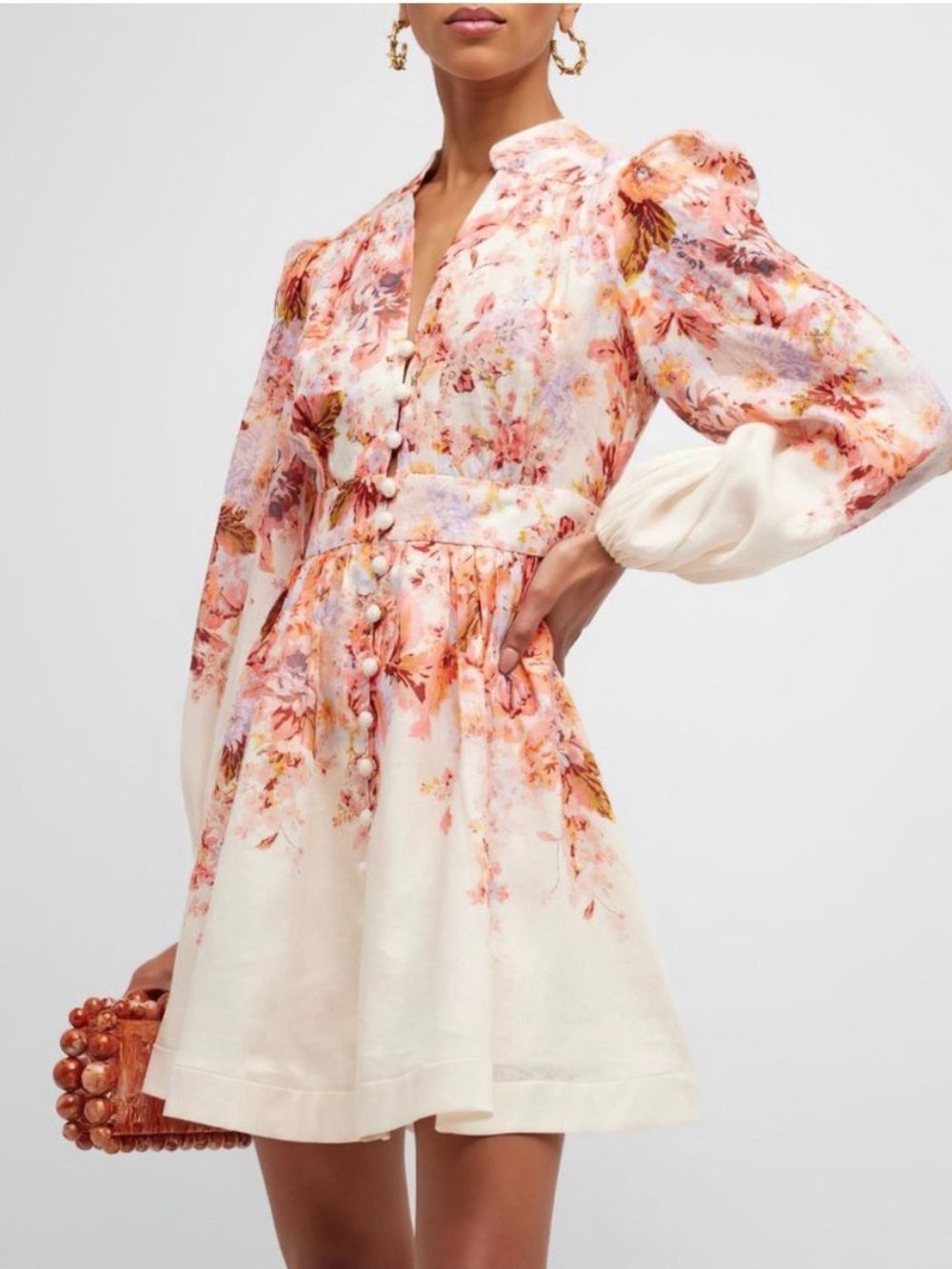 Zimmermann Devi Plunge Mini Dress Cream Floral Puff Sleeve Mini Size 1/US Small - Picture 2 of 12